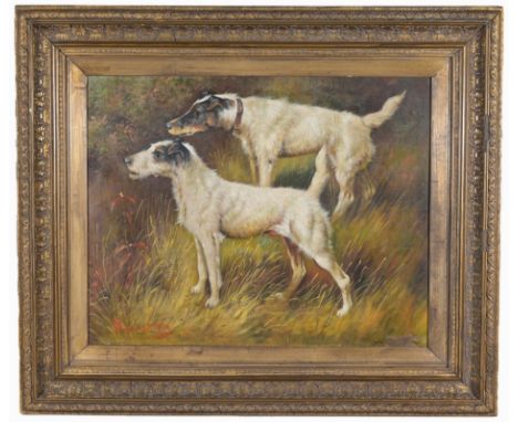 Signed, Early 20th C. Painting of Two Jack Russell Terriers.Signed lower left.  Oil on canvas.Sight Size: 15 x 19 in.Overall 