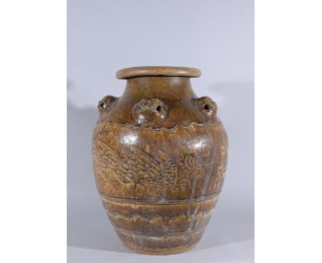 Chinese Song Dynasty Brown-Glazed Martaban Storage Jar with Dragon Motif.Height: 22 in.  - Provenance: this item comes from t