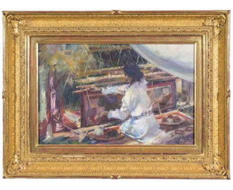 Tom Darro (Arizona, illinois, 1946 - 2023)"The Weaver"Oil on canvas painting. Gallery labels verso.Sight Size: 10 x 15 in.Ove