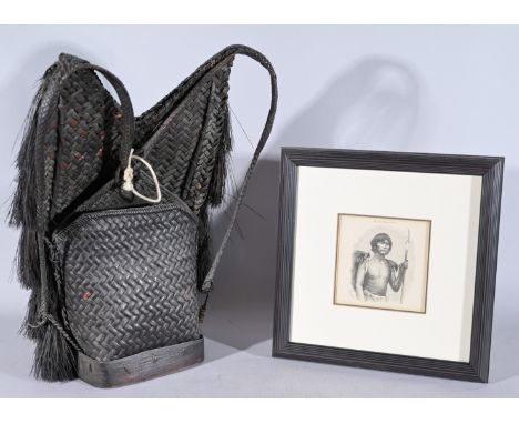 Antique Ifugao Headhunters Basket and  Engraving depicting a headhunter wearing a  headhunter's basket.  Height of basket: 20