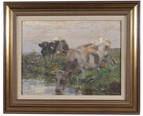 European School, Cows at the Trough.  Oil on board.  Early 20th century.  Appears to be unsigned, has not been examined out o