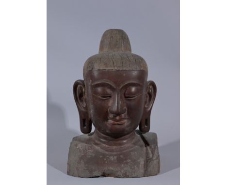 Large Antique Burmese Wood Carved Buddha BustHeight: 17 in.  - Provenance: this item comes from the private collection of Lou