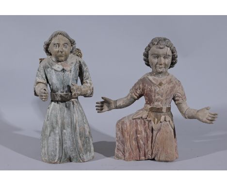 (2) Early Antique Polychrome Wood Carved Santos.  One having "National Museum of the Philippines Manila" label on base.Height
