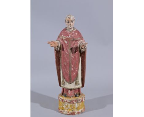 Antique Carved Spanish Santos, St. Thomas.  With original polychrome paint throughout.  Santos having glass eyes.Height: 19.5