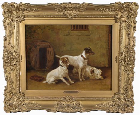 Ralph Hedley (UK, 1851 - 1913) Original oil painting of three dogs in an interior setting.  Oil on canvas.  Faintly signed lo
