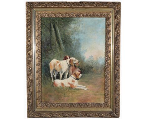 19th C. Painting of Three Dogs in a Landscape.  Oil on board.  Appears to be unsigned.  Housed in likely the original frame.S