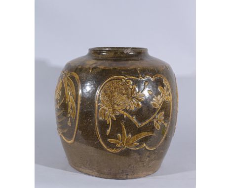 Large brown glazed stoneware urn with chrysanthemums decor on one side and a prancing horse on the other side.This type of ur