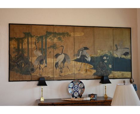 Monumental 6-Panel Hand Painted Japanese Screen Depicting Cranes.Dimensions: 60 x 139 in.- This item is currently being store