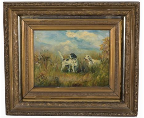 19th C. Painting of Hunting Dogs, Signed lower right.  Oil on canvas.  Appears to be housed in the original frame.Sight Size:
