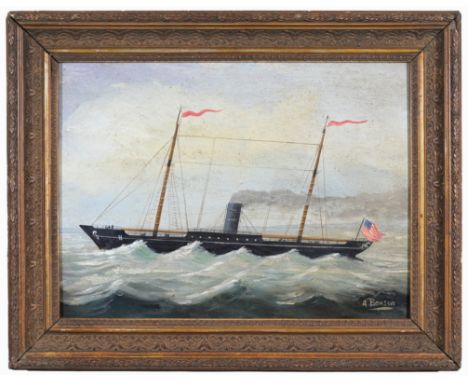 19th C. American School Nautical Painting.  Signed lower right.  Oil on panel.  Old label verso.Sight Size: 10.5 x 14 in.Over