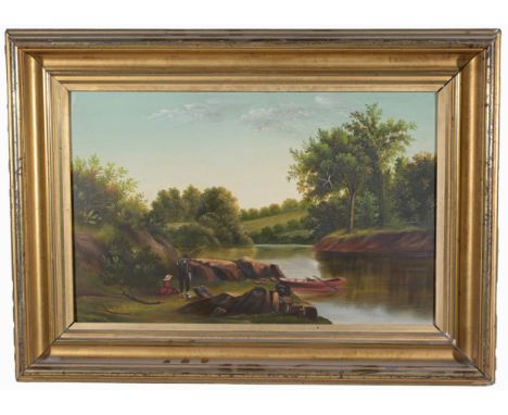 19th C. Hudson River School Landscape Painting.  Oil on board.  Appears to be unsigned, has not been examined out of frame.Si