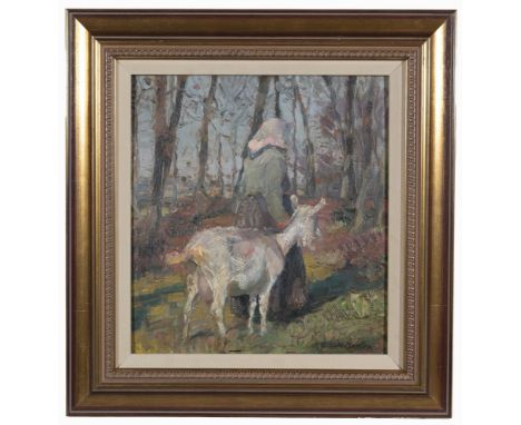 Arnold Moeller (Germany, 1886 - 1963)Painting of a woman and a goat in a wooded landscape.Oil on board.  Signed lower right.S