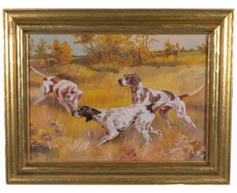 Early 20th C. Painting of Three Hunting Dogs.  Apears to be unsigned, has not been examined outside of frame.  Inscription ve