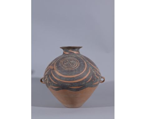 Probably Majiayao Yangshao Culture Gansu.Of brown and tan earthenware, the upper part painted in brown with a series of curve