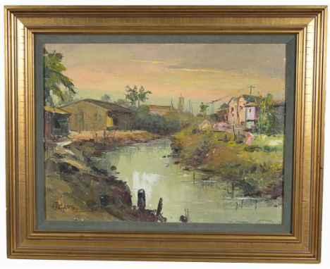 J.D. Castro (Philippines, 1908 - 1994)Filippino village scene.Oil on board.  Signed lower left.  Inscribed verso.Sight Size: 