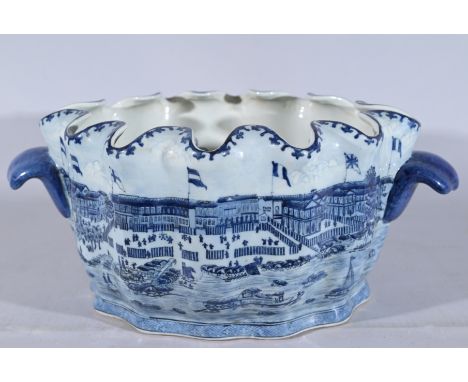 Chinese Blue/White Porcelain Planter, View of  Hongs.  Marked on underside.  Height: 8 in. Width:  17 in. Depth:   11 in.- Pr