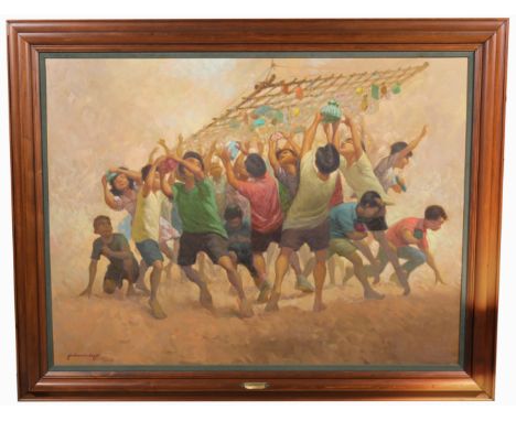 Jose W.T. Hernandez (Philippines, Born 1944)Painting of children playing a game.  Oil on canvas.  Signed and dated lower left