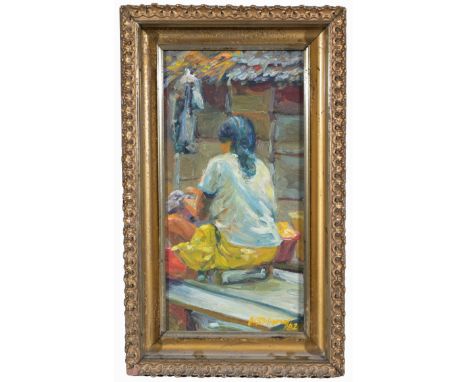 20th C. Filippino School.  Oil on board.  Appears to be unsigned.  Has not been examined out of frame.Sight Size:   12 x 6 in