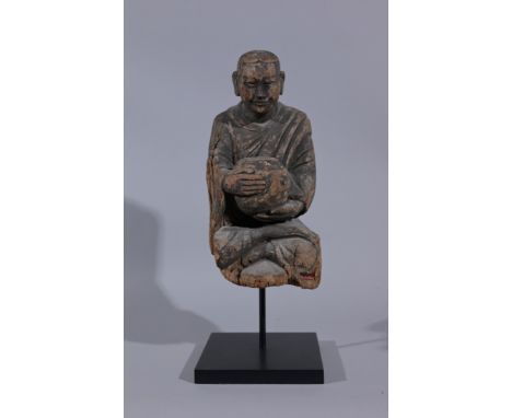 Chinese Carved Polychrome Wood Seated Figure on Stand.Total Height: 18.75 in.  - Provenance: this item comes from the private