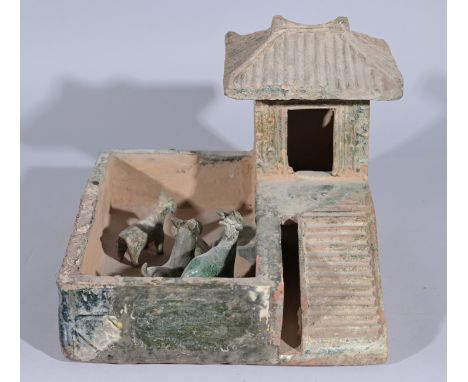 Chinese Han Dynasty Sancai Glazed Funeral Model of Farm with Animals.Dimensions: 9 x 9.5 in.  - Provenance: this item comes f
