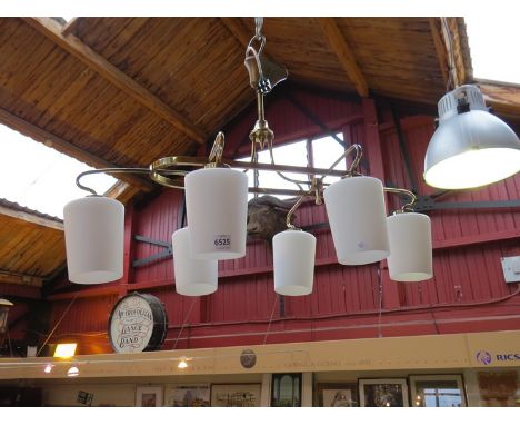 1950's French chandelier in brass with six glass shades