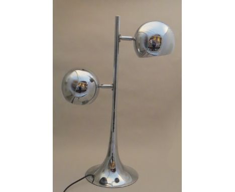 A chromed tulip form table lamp base with twin adjustable globe shades 