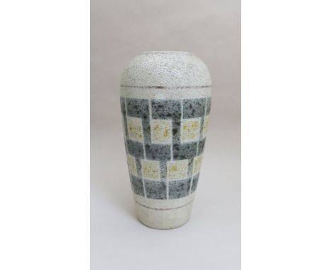 A 1950's West German floor vase with bands and blocks of colour glaze under a mottled white lava glaze 35.5cm 