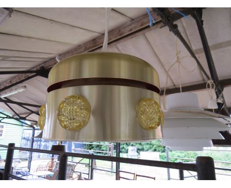A Danish brass metal ceiling pendant light with amber plastic "florettes"