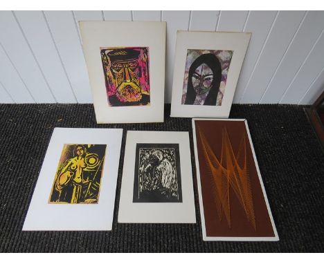 Four unframed stylised original woodblock art prints and a 1970's abstract nail and string picture 