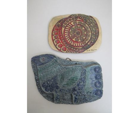 Two 1970's studio pottery Ceramic plaques bird and abstract pattern