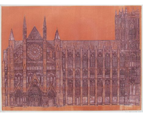KENNETH HOWARD (b.1932):  A framed and glazed print of a Catherdral, pencil signed and dated '67, No 28/50. 37cm x 50cm