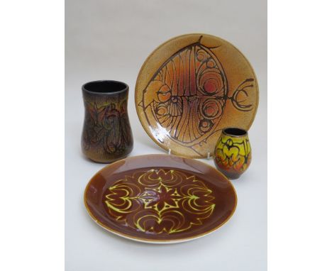 Four pieces of Poole Aegean pottery, two vases and two dishes, tallest vase 15.5cm, dishes 25.5cm diameter 