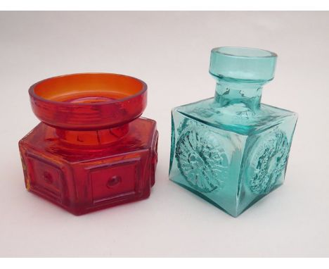 Two Dartington glass vases, flame red and light blue square form example. FT61 and FT88
