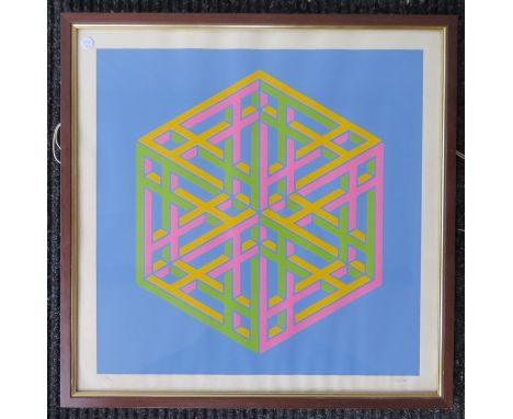 An indistinctly signed and dated lithograph, 30 of 30, Norwich Framers label verso. Geometric open cube form. 46cm x 46cm.