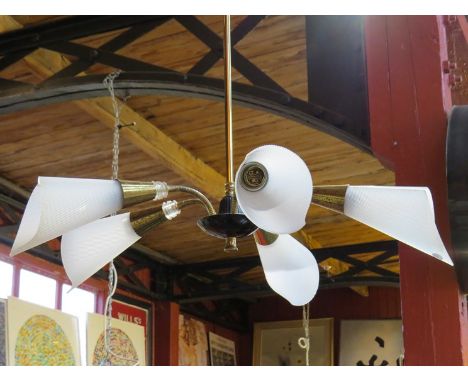 French chandelier in brass 1950s-60s with conical plastic shades 
