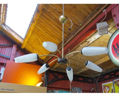 French brass chandelier in brass with adjustable arms and conical glass shaded 1950's/60's 

