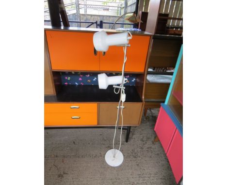 A white and chrome twin spot standard lamp.