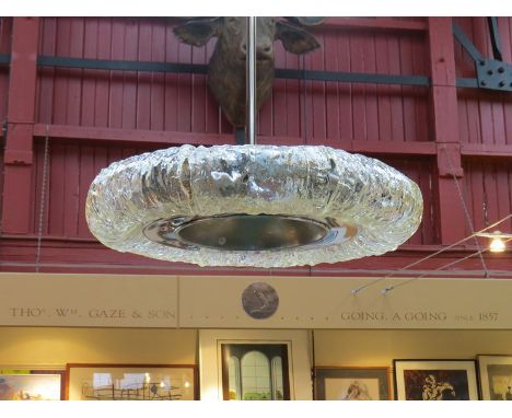 Italian 1970's circular chandelier in chrome and glass shades with centre lights and further lights around (one re-glued)