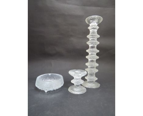 Iittala - A tall textured glass candlestick by Timo Sarponeva (32cm high), smaller example(8cm high) and an Ultima Thule smal