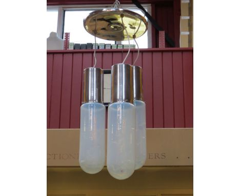 Triple blown blue glass and chrome drop chandelier by Leucos. Italian, 1960s 