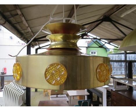 A Danish brassed ceiling light with amber plastic "florettes"