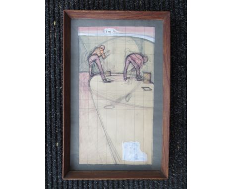 A graphite watercolour c1950/60's of two men working, unsigned 37.5cm x 20cm
