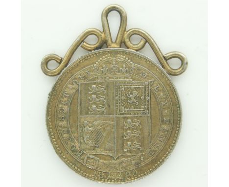 1890 gilt silver shilling of Queen Victoria - mounted. UK P&amp;P Group 0 (£6+VAT for the first lot and £1+VAT for subsequent