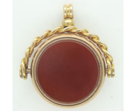 9ct gold swivel fob, with circular panels of carnelian and bloodstone, 5.8g. P&amp;P Group 0 (£6+VAT for the first lot and £1