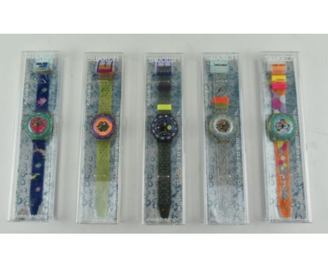 Swatch - Scuba 200 - a collection of five vintage 1990s Swatch cased swatch watches. The lot to comprise SD 1054 Sea Grapes, 