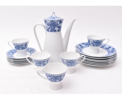 Rosenthal - a mid 20th century German tea service. The service of white ground with blue bird and foliate decoration to the e