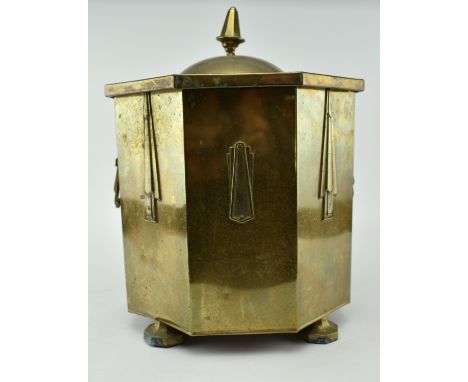 An early 20th century circa 1920s Art Deco style brass coal scuttle. The coal scuttle hexagonal in form, with finial top and 