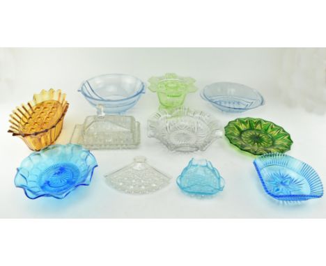 A collection of mid 20th century Art Deco style coloured cut glass centrepieces &amp; bowls. The lot to comprise two transpar