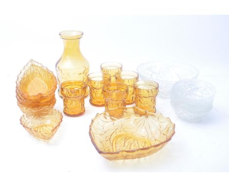 A collection of mid century vintage amber glass &amp; cut glass. The lot comprising six water tumblers and matched jug in tex