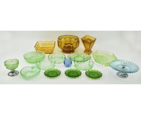 A collection of early 20th century Art Deco style coloured glass. The lot to include two amber glass flower vases complete wi